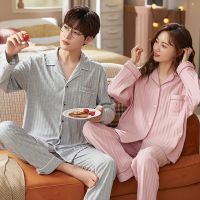 ♈ Couple pajamas women 39;s long sleeved Korean version solid color cotton cute men 39;s simple autumn and winter home wear