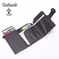 Taihaole Men RFID Button Credit Card Holder High Quality Metal Aluminum Auto Pop-up RFID ID Card Case Black Wallet Coin Purse Card Holders