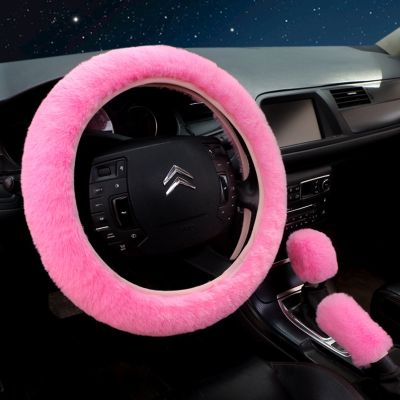 【YF】 3PCS Set Soft Furry Polyester Women Car Accessories All Season Universal Fit - Include Gear ShiftHandbrakeSteering Wheel Cover