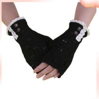 LULU Women Winter Spring Lace Fingerless Knit Gloves Button Mittens Warmer