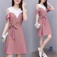 Womens New Summer Dress Western Skirt Fashion Colorblock Off-Shoulder Top Covered Belly Dress-d10