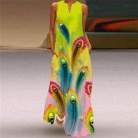 Womens Floral Printed Party Dress Summer Vintage Sleeveless V-Neck Long Dresses Female Casual Beach Maxi Dress Evening Vestidos