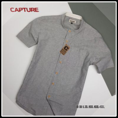 Capture Shirt เสื้อเชิ้ตผู้ชาย คอจีน แขนสั้น oxford สีเทา มีถึงอก 48 นิ้ว