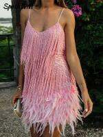 Sequins Tassel Feather Spaghetti Strap Dress ashion y Stitching Mini Dresses Ladies Evening Party Club Elegant Dress