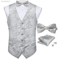 ✢❈● Formal Gray Vest for Man Wedding Fashion Mens Paisley Waistcoat Bow Ties Handkerchief Cufflinks Set Business Party Dress Vests