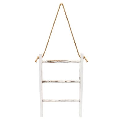 Wall-Hanging Towel Ladder Rustic Whitewashed Wood Countertop Ladder Farmhouse Decor Towels Rack with Adjustable Rope