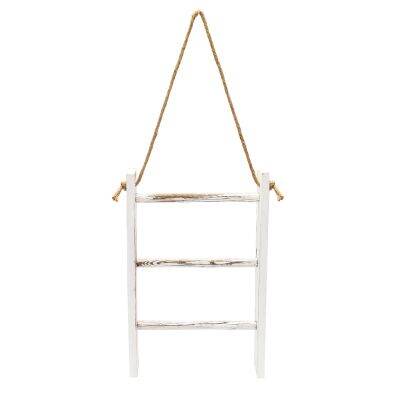 Wall-Hanging Towel Ladder Rustic Whitewashed Wood Countertop Ladder Farmhouse Decor Towels Rack with Adjustable Rope