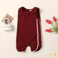 PFT-0-24 Months Baby Splicing O-Neck Sleeveless Ribbed Jumpsuits with Crotch Buttons for Toddlers, Boys, 5 Colors