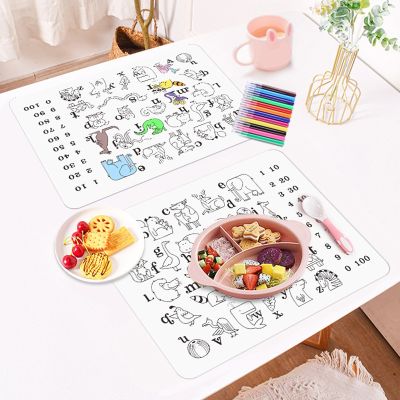 【CC】☄  Reusable Graffiti Silicone Placemat Washable Colouring Alphabet Number Dining Table Mats Baby