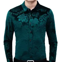 Royal Blue Veet Velour เสื้อผู้ชาย2022ฤดูใบไม้ผลิใหม่ Slim Fit แขนยาว Mens Floral เสื้อลำลองปุ่มลง Chemise 2XL