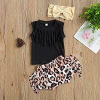 0-24M Newborn Baby Girl Sleeveless Tassel Black T-shirt Tops Leopard Shorts Bottom Headband 3PCS Baby Clothing Set  by Hs2023