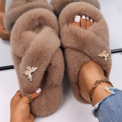 Fluffy Slippers Women Golden Butterfly Faux Fur Slides Ladies Flip Flops Fashion Sandals Luxury Designer Slippers Fuzzy Shoes