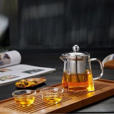 กาน้ำชาแก้วกาแฟภาชนะเก็บความร้อนที่กรองชาสเตนเลสทนความร้อนได้กาน้ำชากาน้ำชา Guanpai4ตะกร้ากรองทรงสี่เหลี่ยมใส