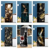 Self-adhesive Vinyl Fridge Stickers Full Cover Black Flower Leaves Refrigerator Wallpaper Freezer Decorative Film Poster Kitchen Wall Stickers Decals