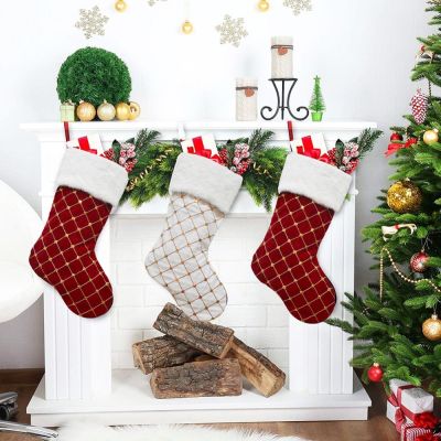 Christmas Stockings Plaid Red White Xmas Ornament Pendant Christmas Fireplace Xmas Tree Tree Decor New Year Noel Gift Sock