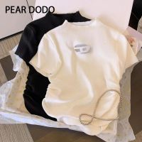 PEAR DODO เสื้อยืดคอกลมแขนเสื้อสั้นถักเย็บปักถักร้อยกลวงออกเกาหลีสำหรับผู้หญิง