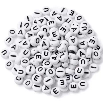 Letter N - 100pc 7mm Alphabet Beads White with Glossy Black Letters