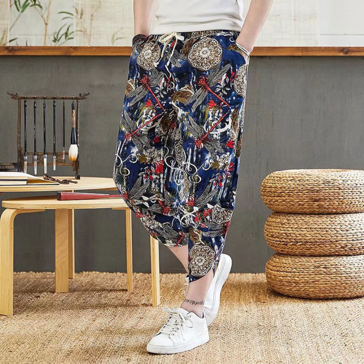 ผู้ชายหลวมกางเกงฮาเร็มสบายๆขนาดใหญ่ตัดกางเกงย้อนยุคพิมพ์กางเกงขากว้าง
