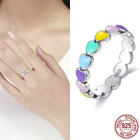 Romantic 925 Sterling Silver Ring Rainbow Heart Finger Loop Stackable Heart Silver Ring Trendy Party Fine Jewelry for Women kofo