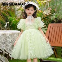 ZZOOI New Summer Dress for Kid Girl Round Collar Appliques Short Sleeves Green Pink 3D Butterfly Princess Dress Children Clothes E3110