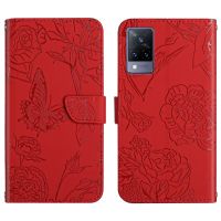 สำหรับ Vivo V21 5G ผิวสัมผัสดอกโบตั๋นผีเสื้อหนังพิมพ์ลายเคสโทรศัพท์ (สีแดง)