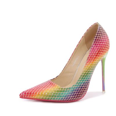 รองเท้าส้นสูงซุปเปอร์11ซม. สำหรับผู้หญิงรองเท้าส้นเตี้ยสีสันสดใสปลายแหลมสีรุ้ง46 36ชิ้นกันลื่นสีชมพู