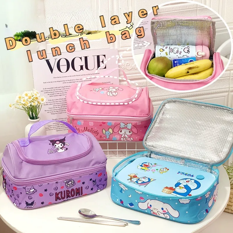 Anime MyMelody Kuromi Cinnamoroll Food Lunch Bag Double Flip Insulation Bag  Going Out Portable Lunch Box Bag