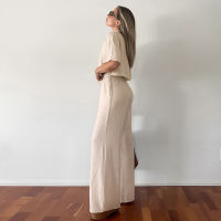 Summer Casual Pajamas Beige Linen Two Piece Set Womens Outfit 2023 Fashion Short Sleeve Shirts With High Waist Wide Pants Set