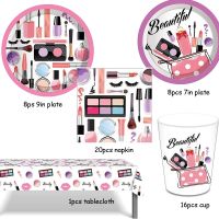 【JIU YU】✲◊✁  Spa Make Up Party Supplies para meninas e mulheres Talheres descartáveis Pratos Copos Guardanapos Balões Cosméticos Decoração Festa de Aniversário