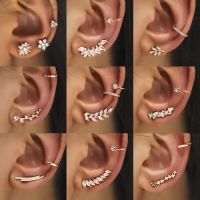 Bohemian Punk Helix Cartilage Earrings Fake Without Piercing Jewelry for Women Trend Leaf Ear Cuff Wrap Clip Crystal Studs Gifts