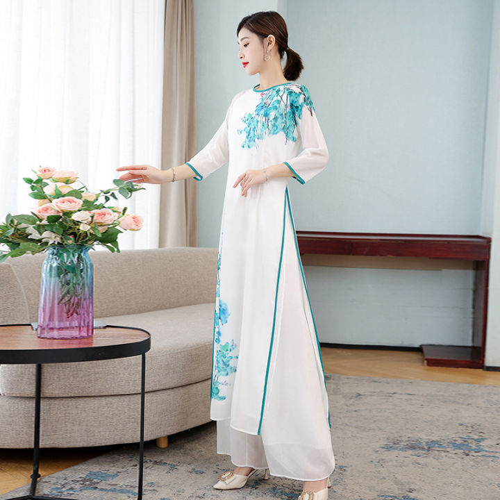 2022ผู้หญิงสไตล์จีนจีนย้อนยุคมือวาดชุด-cheongsam-กางเกงขากว้าง-ao-dai-ชุดสองชิ้น