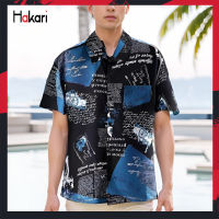 HAKARI เสื้อเชิ้ตแขนสั้นผู้ชายลายฮาวายลายริมทะเลเสื้อเชิ้ตแขนสั้นบาง ๆ