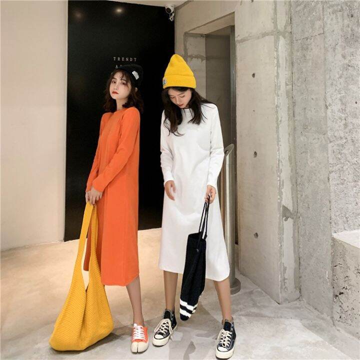 womens-long-dress-candy-color-dress-medium-length-knee-length-long-sleeve-straight-dress-solid-color-stitching-thin-bottomed-t-shirt-dress