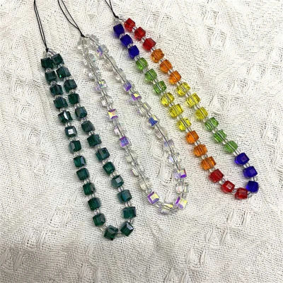 Stylish Phone Accessory Unique Phone Lanyard Crystal Bead Phone Strap Transparent Phone Lanyard Square Beaded Anti-lost Chain