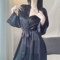 Bathrobe pajamas women age season ice silk robe long-sleeved long thin white nightgown temptation ladyTH