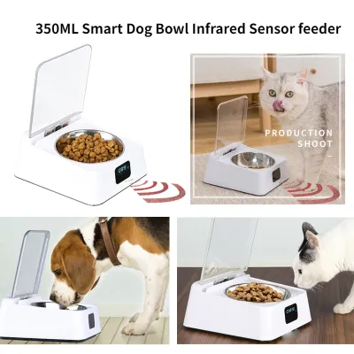 ชามอาหารสุนัขอัจฉริยะ350มล. ฝาครอบเปิดเซ็นเซอร์อินฟราเรดอัตโนมัติกันยุงกันกลิ่นเครื่องให้อาหารสัตว์เลี้ยงอาหารแมว