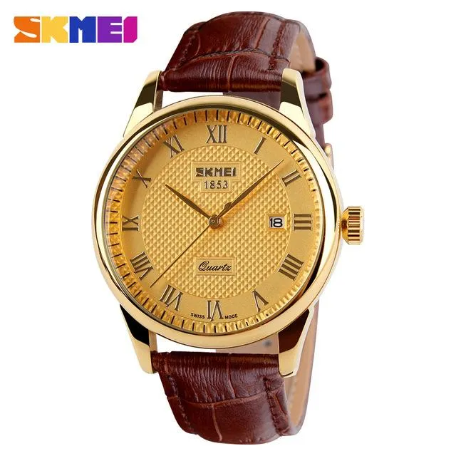 Skmei Quartz Couple Fashion Watches Classic Luxury Golden Leather