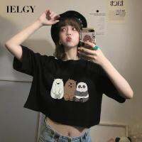 เสื้อยืดแขนสั้นผู้หญิง IELGY หมีสามตัวน่ารักสีดำ