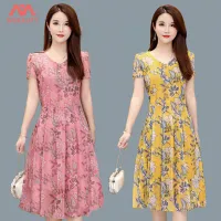 [Thin over the knee skirt Printed A-line skirt New style loose Korean short sleeve V-neck dress Summer mid-length floral print,Thin over the knee skirt Printed A-line skirt New style loose Korean short sleeve V-neck dress Summer mid-length floral print,]