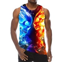 Mens Skull Graphic Tanks Summer Sleeveless Flame Skeleton 3D Printed Male Street Vest Horror Style Tank Tops Plus Size 6XL