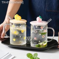 ❏❁ ivhefd Coreano Fruit Glass Canecas de Café com Palha Copo e Tampa Alta Temperatura Grande Capacidade Leite Água da Manhã Cup Presente 400ml