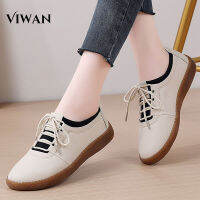 รองเท้าแบน VIWAN สําหรับผู้หญิงหนังสไตล์เกาหลี รองเท้าลําลองสีดํา ขนาดบวก 41 Comfort Lace Up Oxfords รองเท้าผ้าใบ รองเท้าผู้หญิงนุ่ม 2023 ใหม่