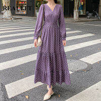 REALEFT 2022 New Purple Polka Dots Womens Dresses Cross V-Neck Elegant Chiffon Long Sleeve Ladies Mi-long Dresses Female Spring