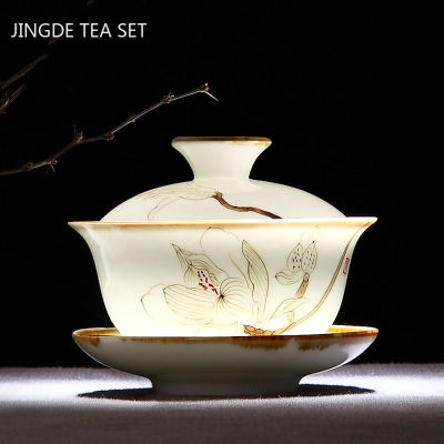 ย้อนยุคมือวาดดอกไม้แบบเซรามิก Gaiwan ถ้วยน้ำชาที่ทำด้วยมือชาหม้ออบชามจีนพอร์ซเลน T Eaware Drinkware 120มิลลิลิตร