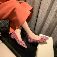 ✢ Spring women pumps natural leather 22 24.5cm flock sheepskin pigskin pointed toe shoes Striped diamond buckle women 39;s shoes