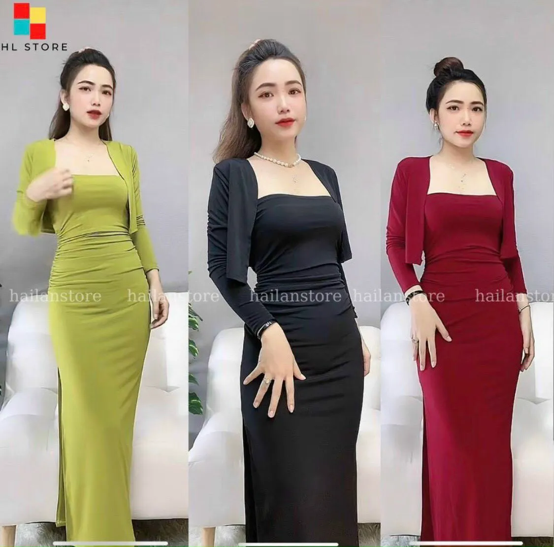 Đầm body hai dây xẻ tà kèm áo khoác ngoài tay dài sexy, Đầm ống maxi