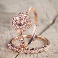 SS 18K Rose Gold Round Floral Crystal Diamond Zircon Ring Wedding Band Ring Set