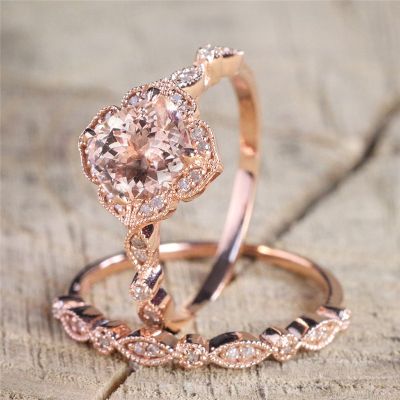 SS 18K Rose Gold Round Floral Crystal Diamond Zircon Ring Wedding Band Ring Set