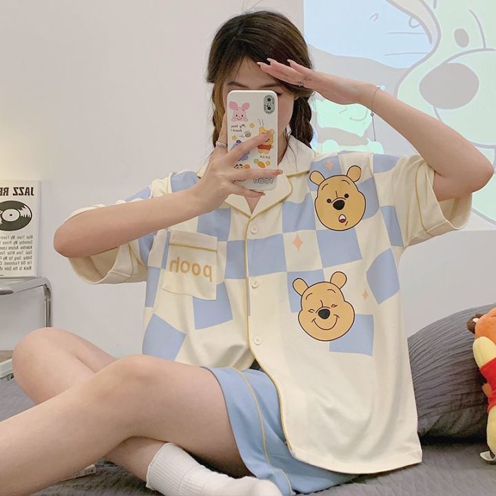 sanrio-pochacco-ชุดนอน-kawaii-เสื้อยืดอะนิเมะบางชุดนอนการ์ตูนพิมพ์วินนี่พูห์หลวมฤดูร้อน-homewear-สาวชุดนอนของขวัญ