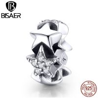 BISAER 100 925 Sterling Silver Stackable Star Charm Star Spacer Clear CZ Beads fit Bracelets Silver 925 Jewelry Making ECC929